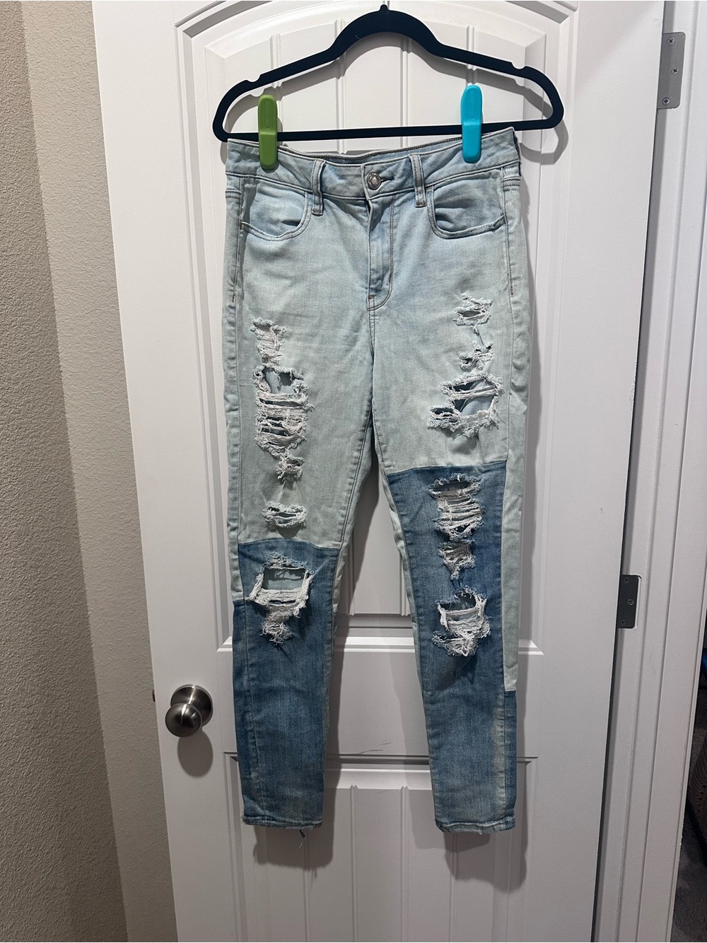 American Eagle Outfitters Two-Tone Light Blue Distressed Straight Leg Jeans